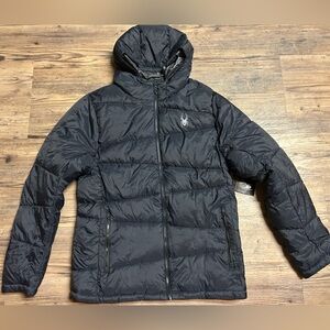 Men’s Spyder Black Puffer Jacket with Hood and zipper pockets Medium New